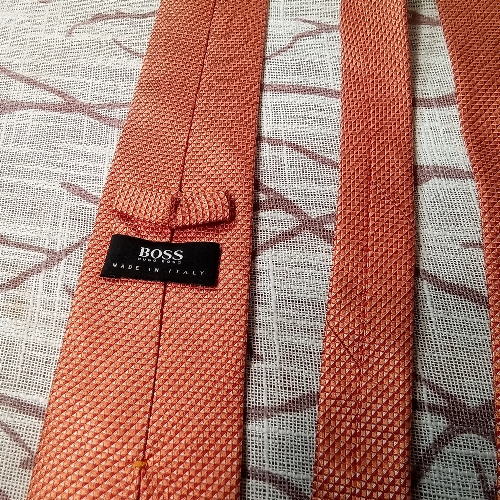 BOSS HUGO BOSS Men's Necktie Orange w Red and White Patterns Good Cdc